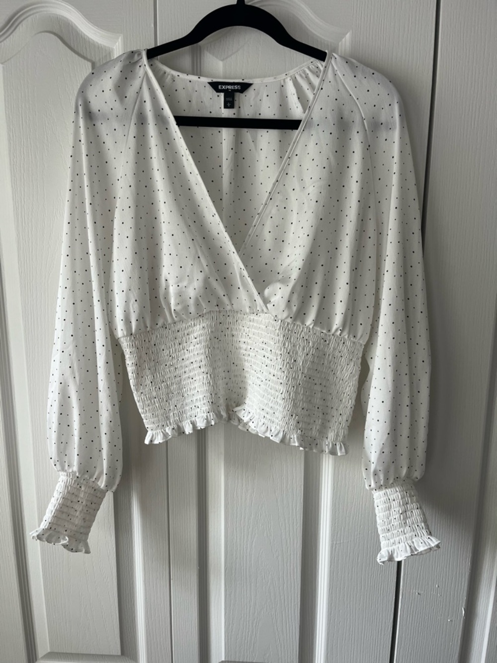 Express White Polka Dot Wrap Blouse with Smocked Waist